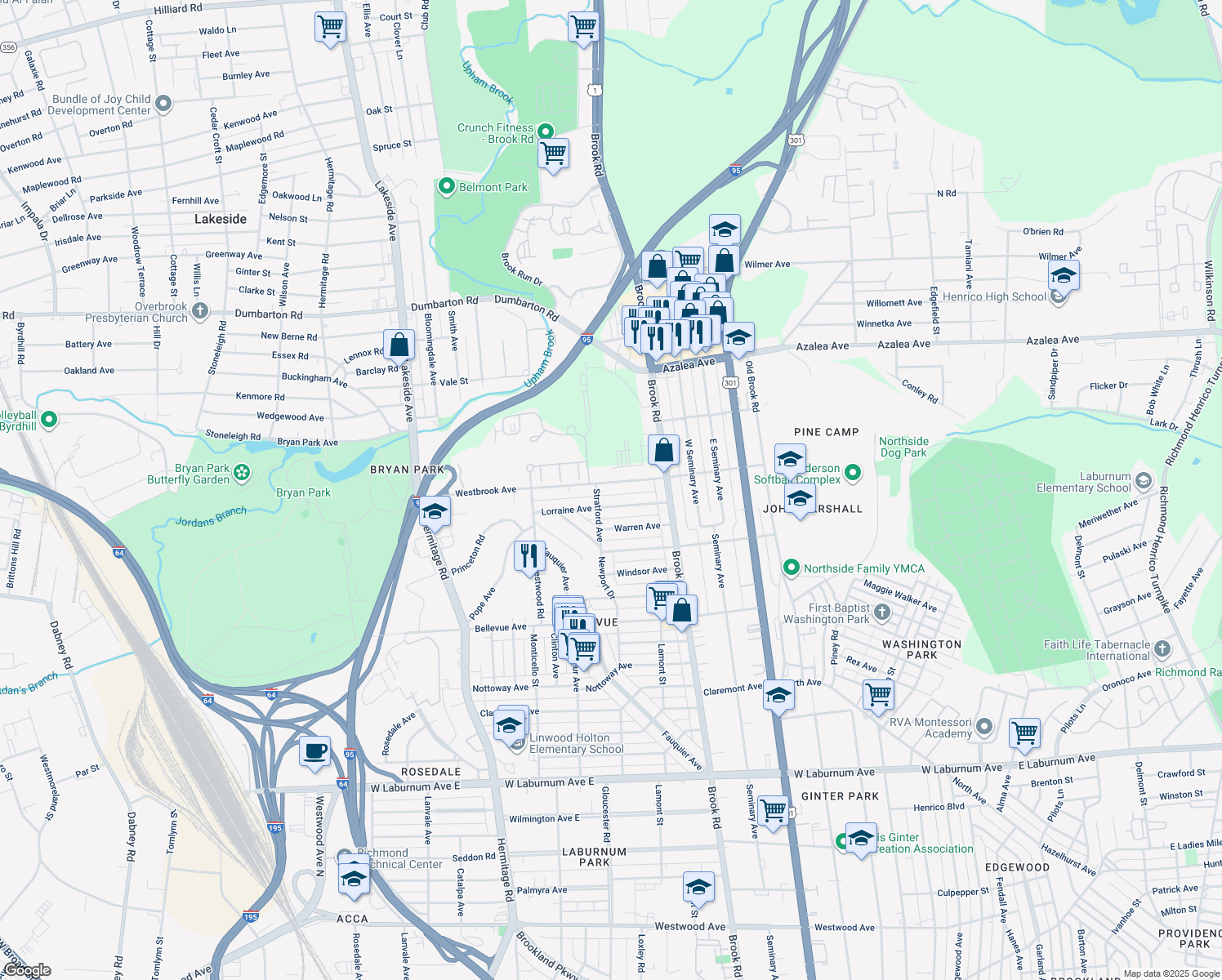 map of restaurants, bars, coffee shops, grocery stores, and more near 1311 Westbrook Avenue in Richmond