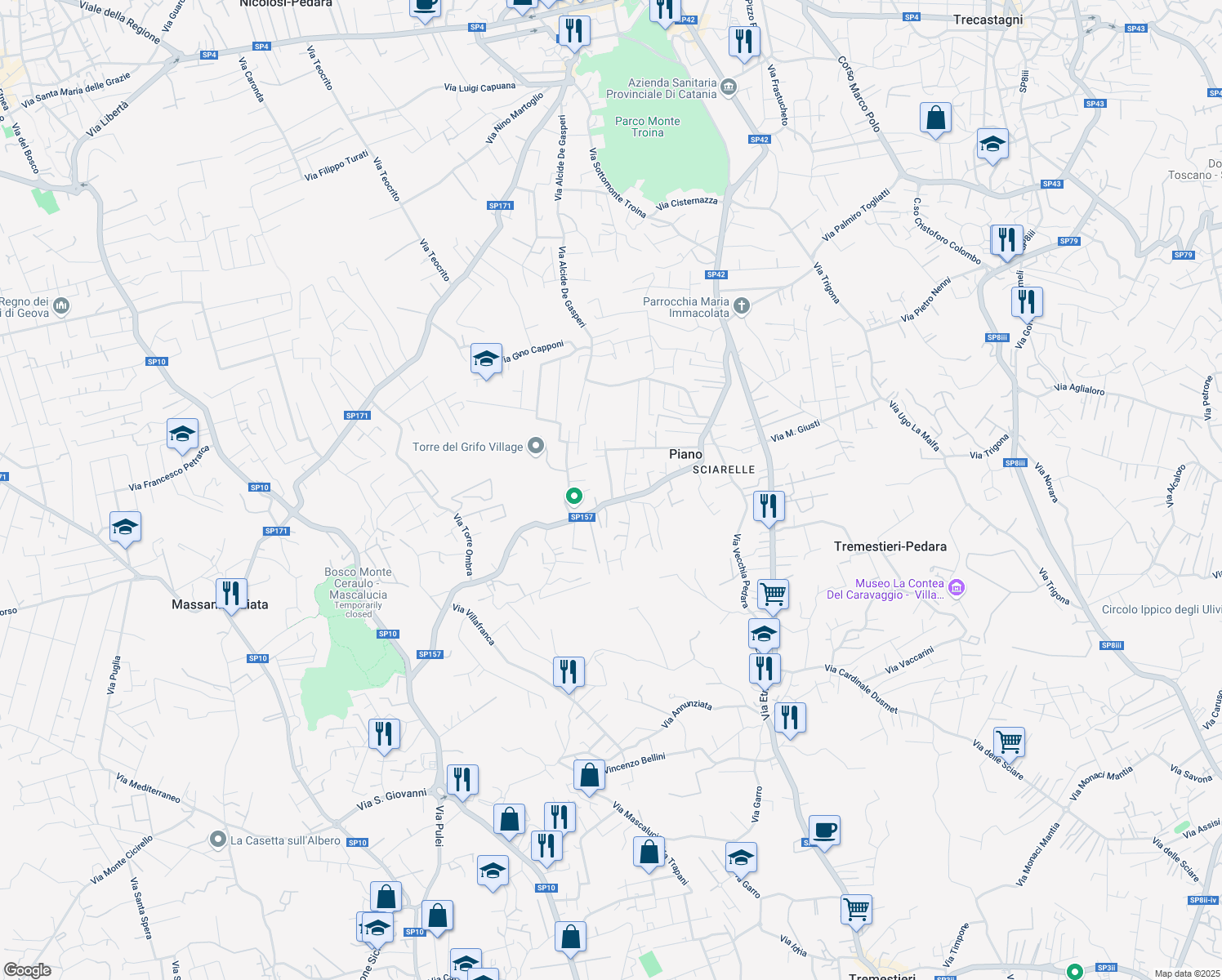 map of restaurants, bars, coffee shops, grocery stores, and more near SP157 in Mascalucia