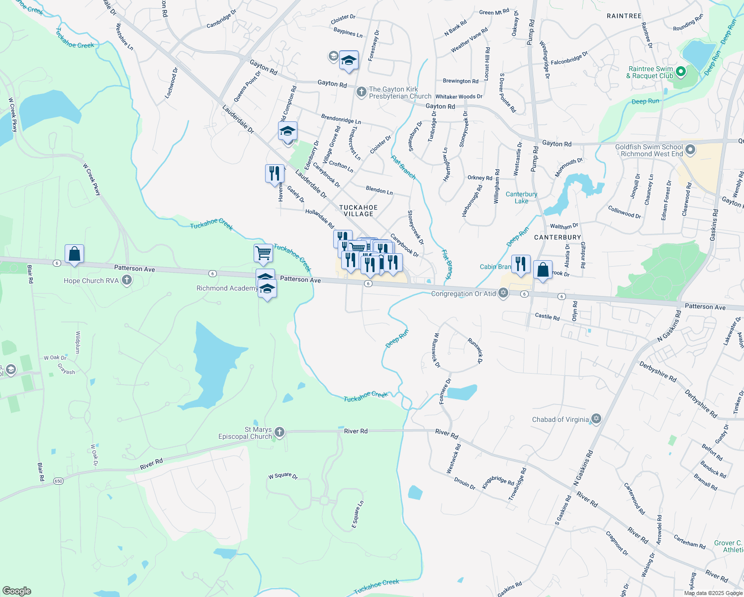 map of restaurants, bars, coffee shops, grocery stores, and more near 11213 Birchcrest Road in Henrico