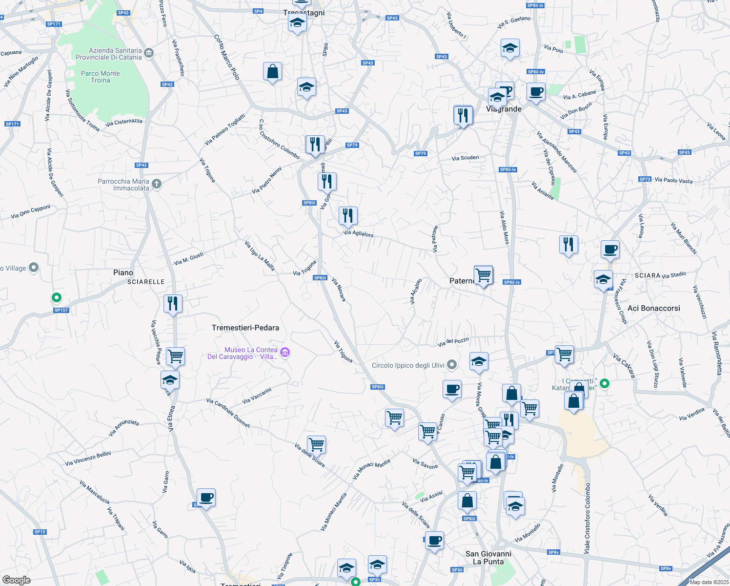 map of restaurants, bars, coffee shops, grocery stores, and more near 16 Via Alghero in San Giovanni La Punta