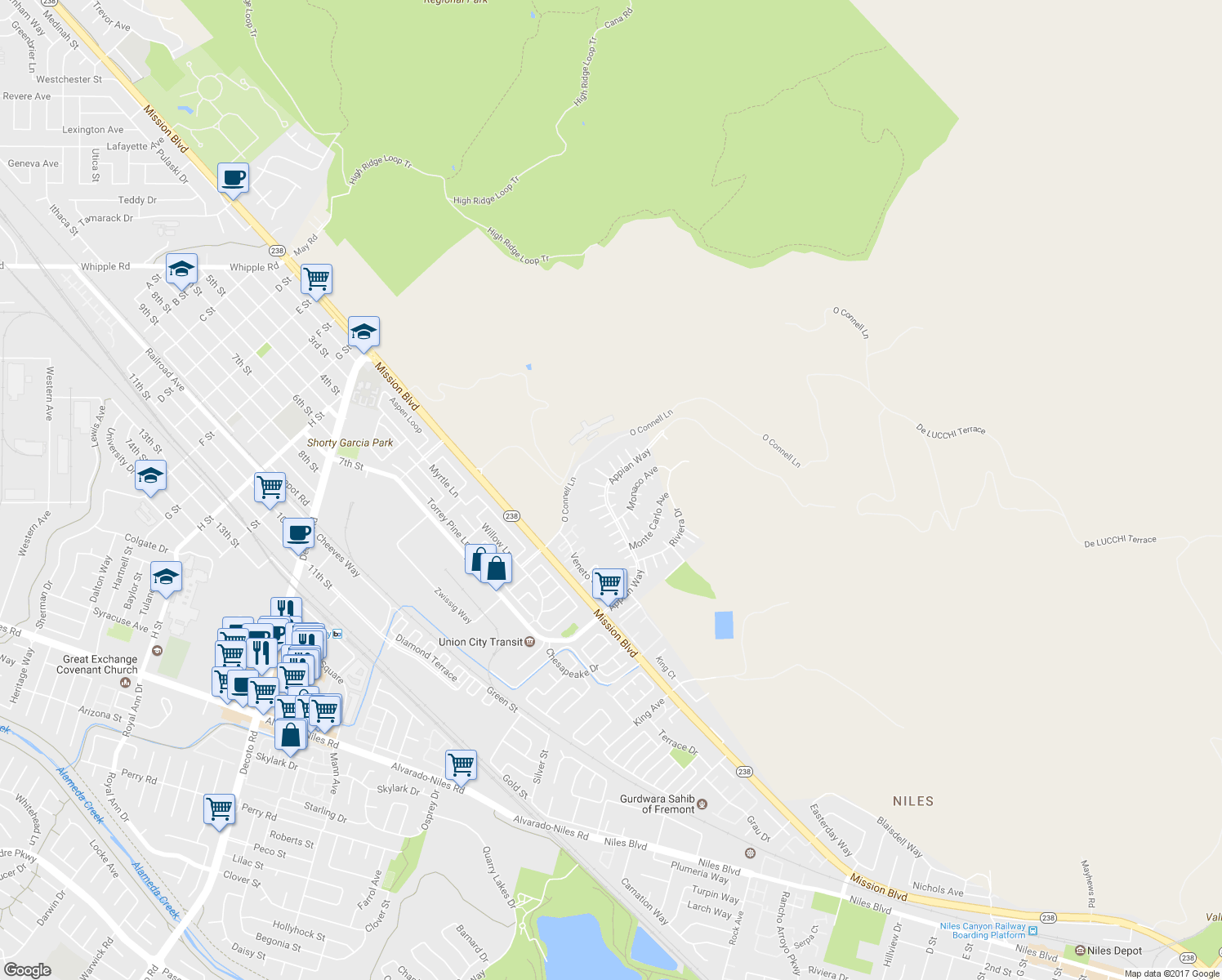 map of restaurants, bars, coffee shops, grocery stores, and more near 373 Appian Way in Union City