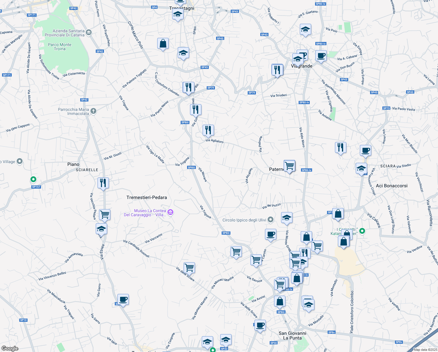 map of restaurants, bars, coffee shops, grocery stores, and more near 16 Via Alghero in San Giovanni La Punta