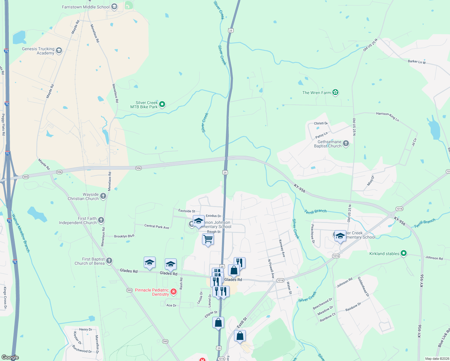 map of restaurants, bars, coffee shops, grocery stores, and more near 614 Richmond Road North in Berea