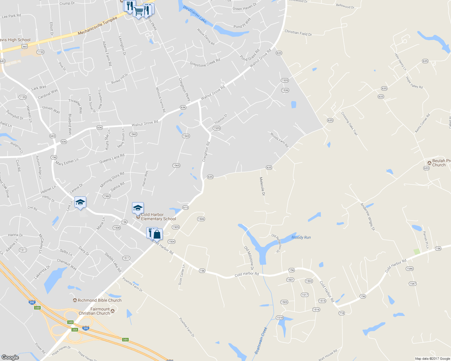 map of restaurants, bars, coffee shops, grocery stores, and more near 6081 Sandy Valley Road in Mechanicsville