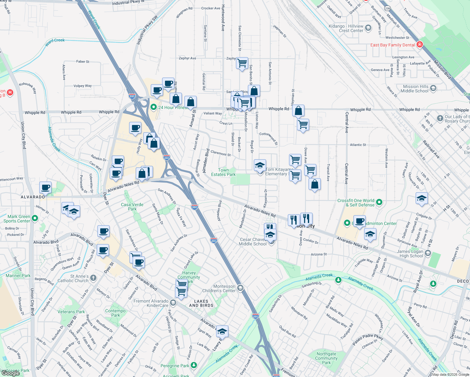map of restaurants, bars, coffee shops, grocery stores, and more near 32244 Derby Street in Union City