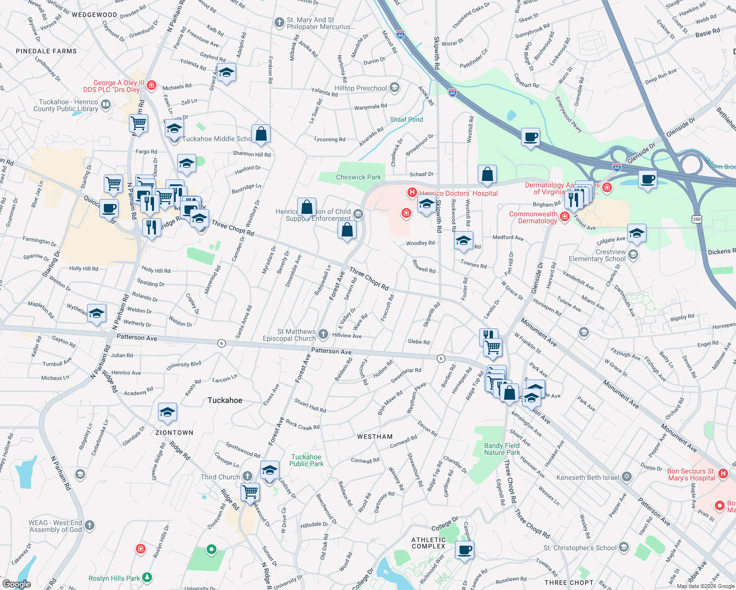 map of restaurants, bars, coffee shops, grocery stores, and more near 1405 Chowan Road in Richmond