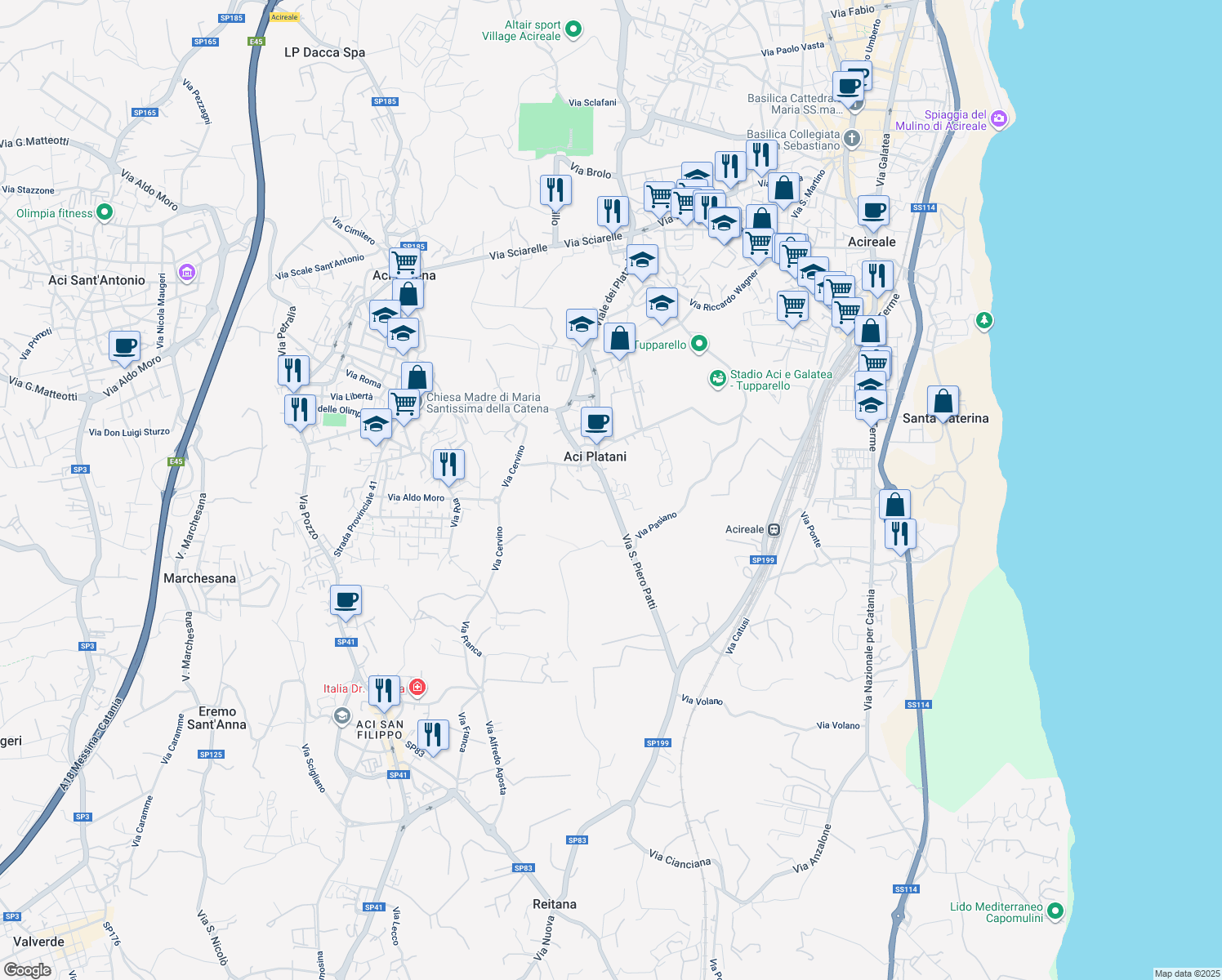 map of restaurants, bars, coffee shops, grocery stores, and more near 91 Via San Piero Patti in Acireale