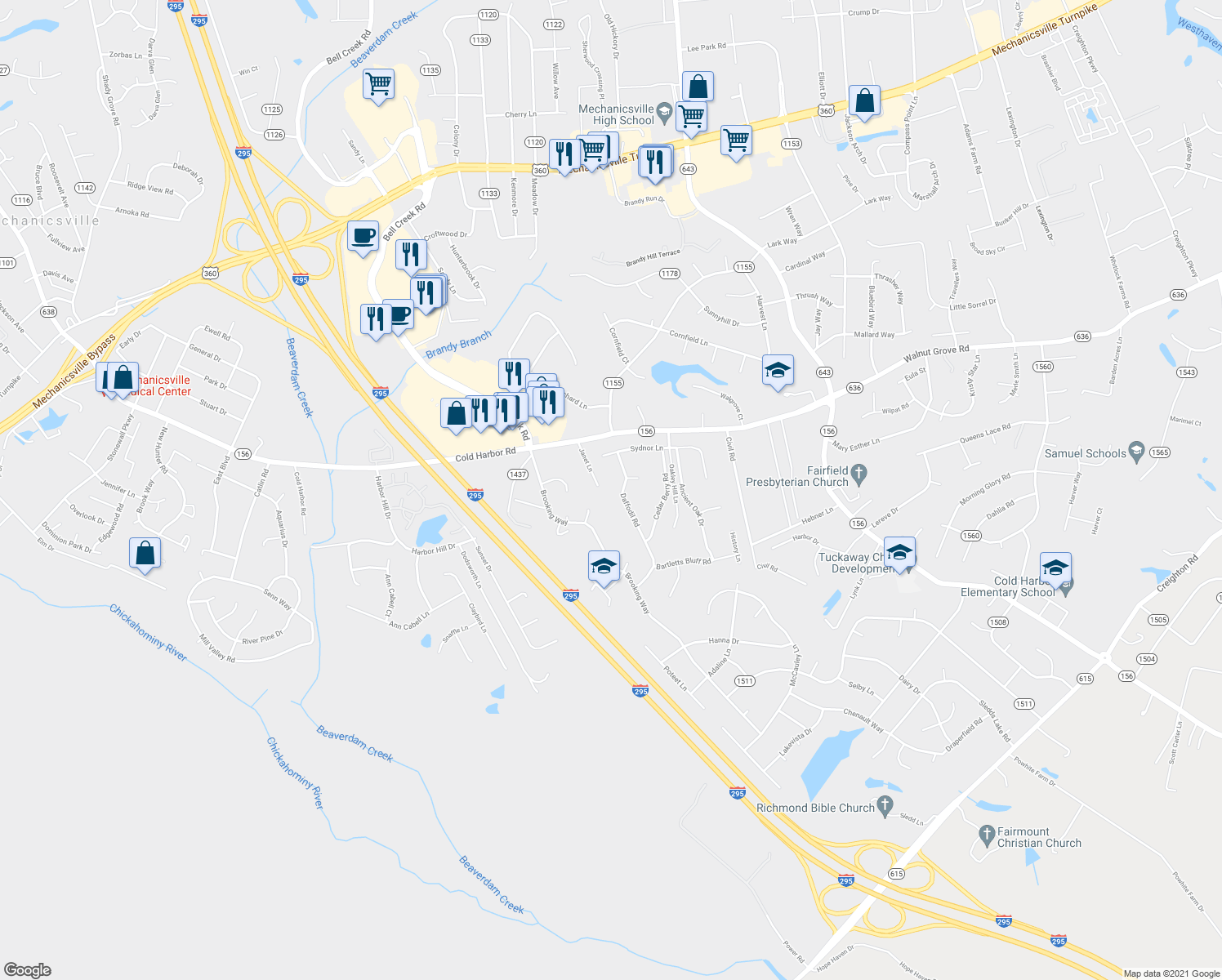 map of restaurants, bars, coffee shops, grocery stores, and more near 7034 Daffodil Rd in Mechanicsville