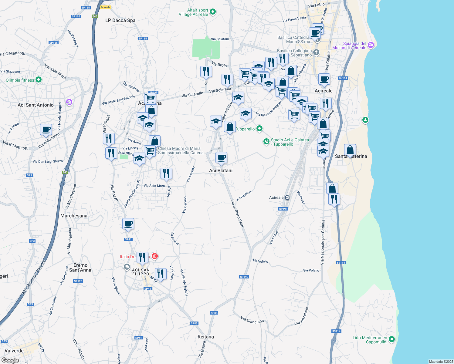 map of restaurants, bars, coffee shops, grocery stores, and more near 91 Via S. Piero Patti in Acireale