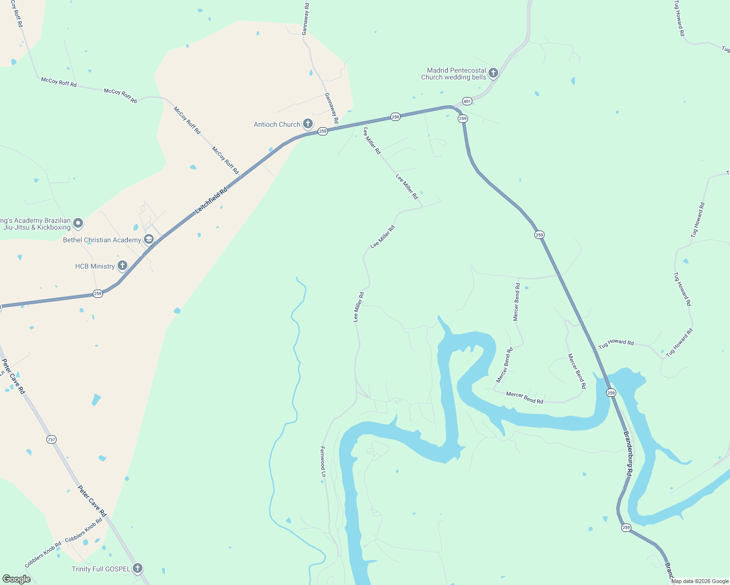 map of restaurants, bars, coffee shops, grocery stores, and more near 1095 Lee Miller Road in Leitchfield