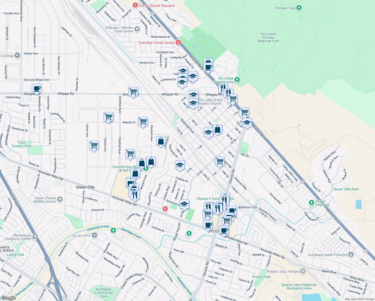 map of restaurants, bars, coffee shops, grocery stores, and more near 33528 13th Street in Union City