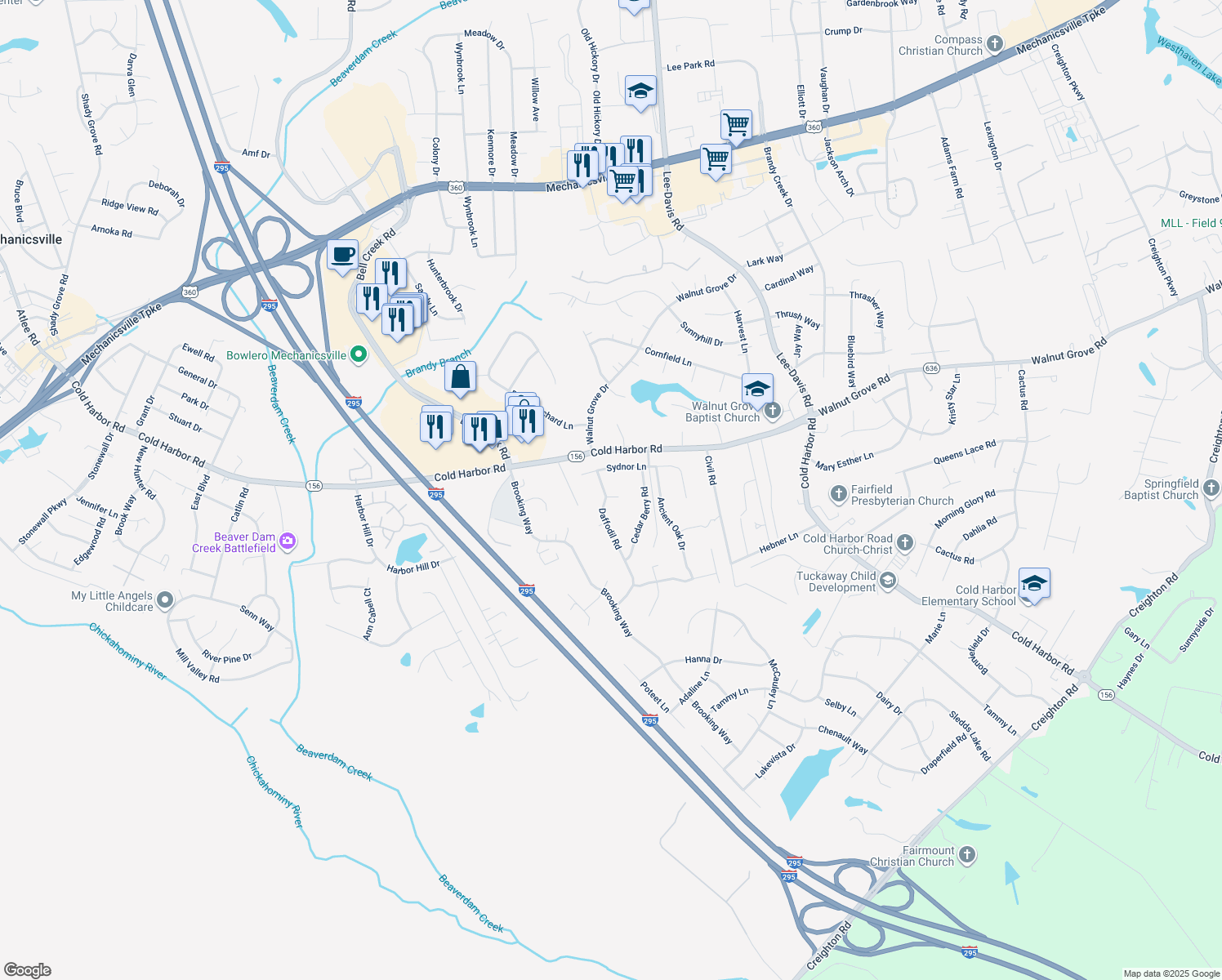 map of restaurants, bars, coffee shops, grocery stores, and more near 7110 Cornthwaite Court in Mechanicsville