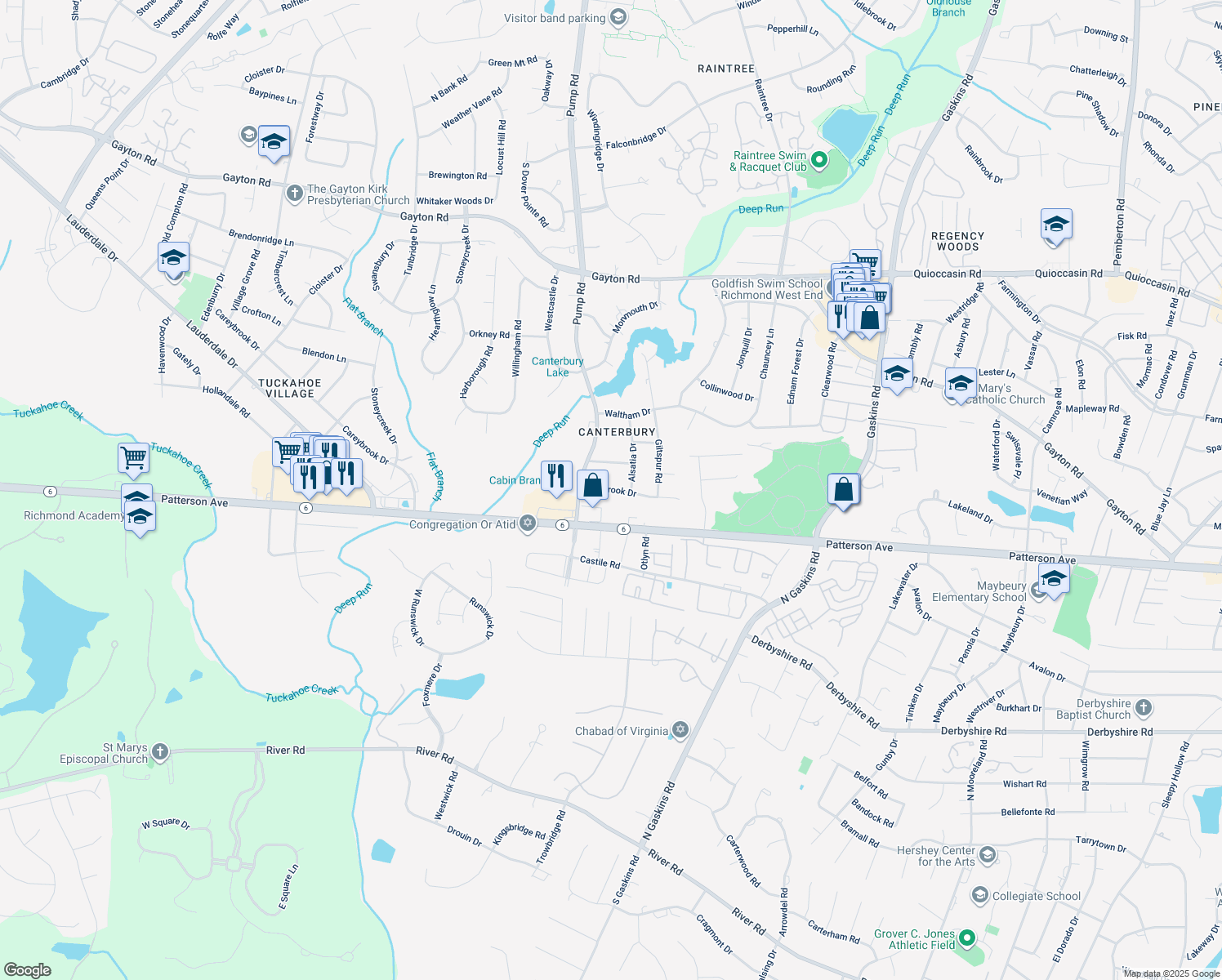 map of restaurants, bars, coffee shops, grocery stores, and more near 10505 Walbrook Drive in Henrico