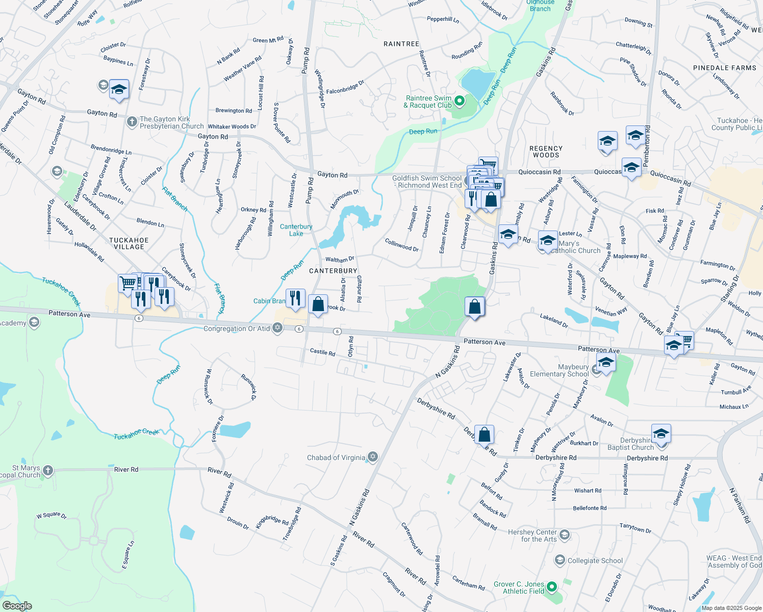 map of restaurants, bars, coffee shops, grocery stores, and more near 1120 Westhampton Glen Drive in Henrico
