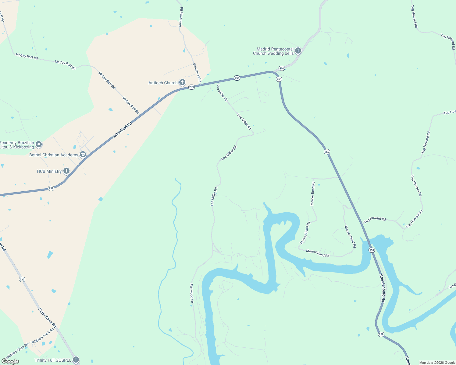 map of restaurants, bars, coffee shops, grocery stores, and more near 1095 Lee Miller Road in Leitchfield