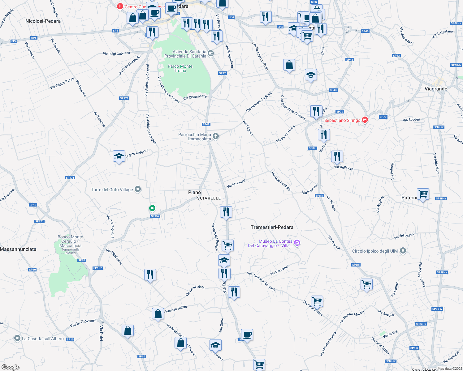 map of restaurants, bars, coffee shops, grocery stores, and more near 165 Via Etnea in Pedara