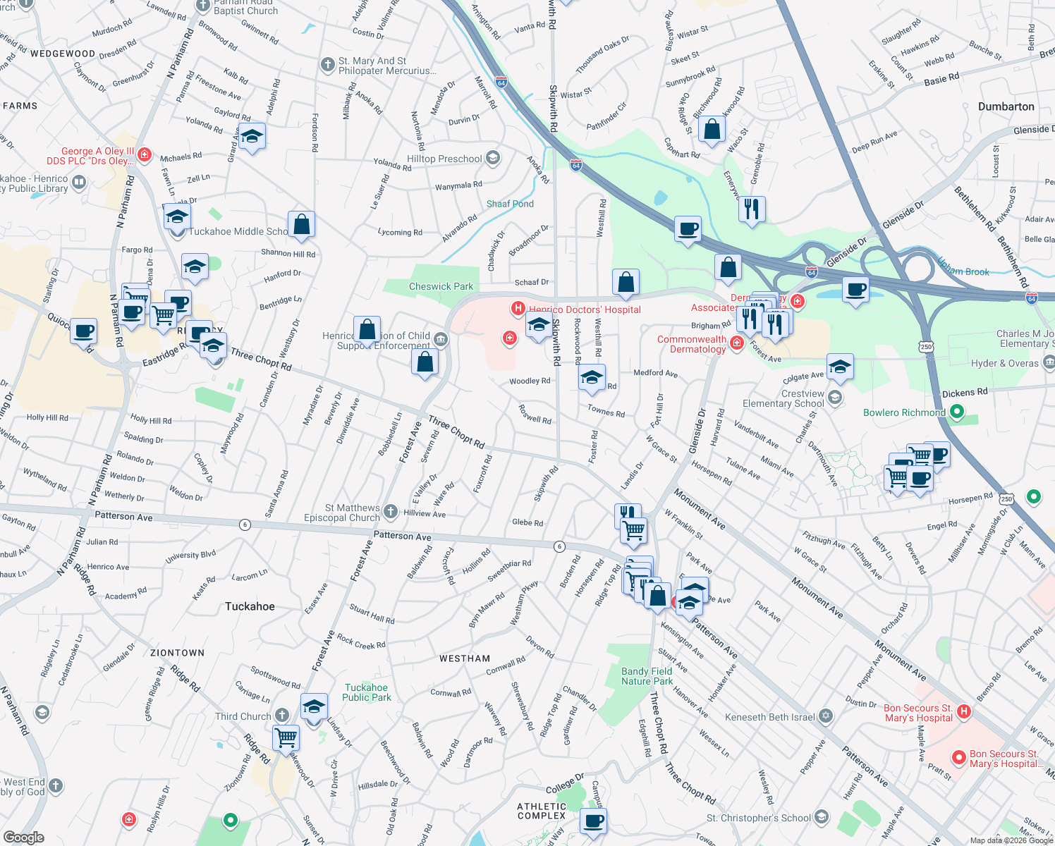 map of restaurants, bars, coffee shops, grocery stores, and more near 7511 Roswell Rd in Richmond