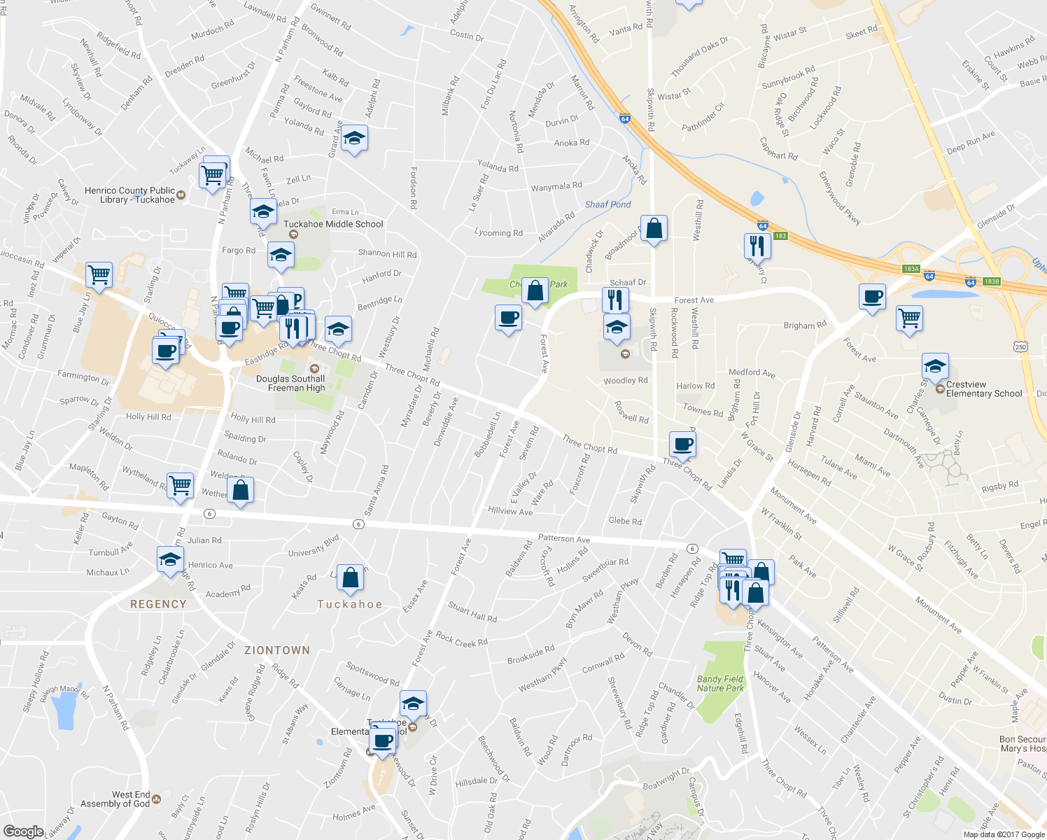 map of restaurants, bars, coffee shops, grocery stores, and more near 1409 Forest Avenue in Richmond