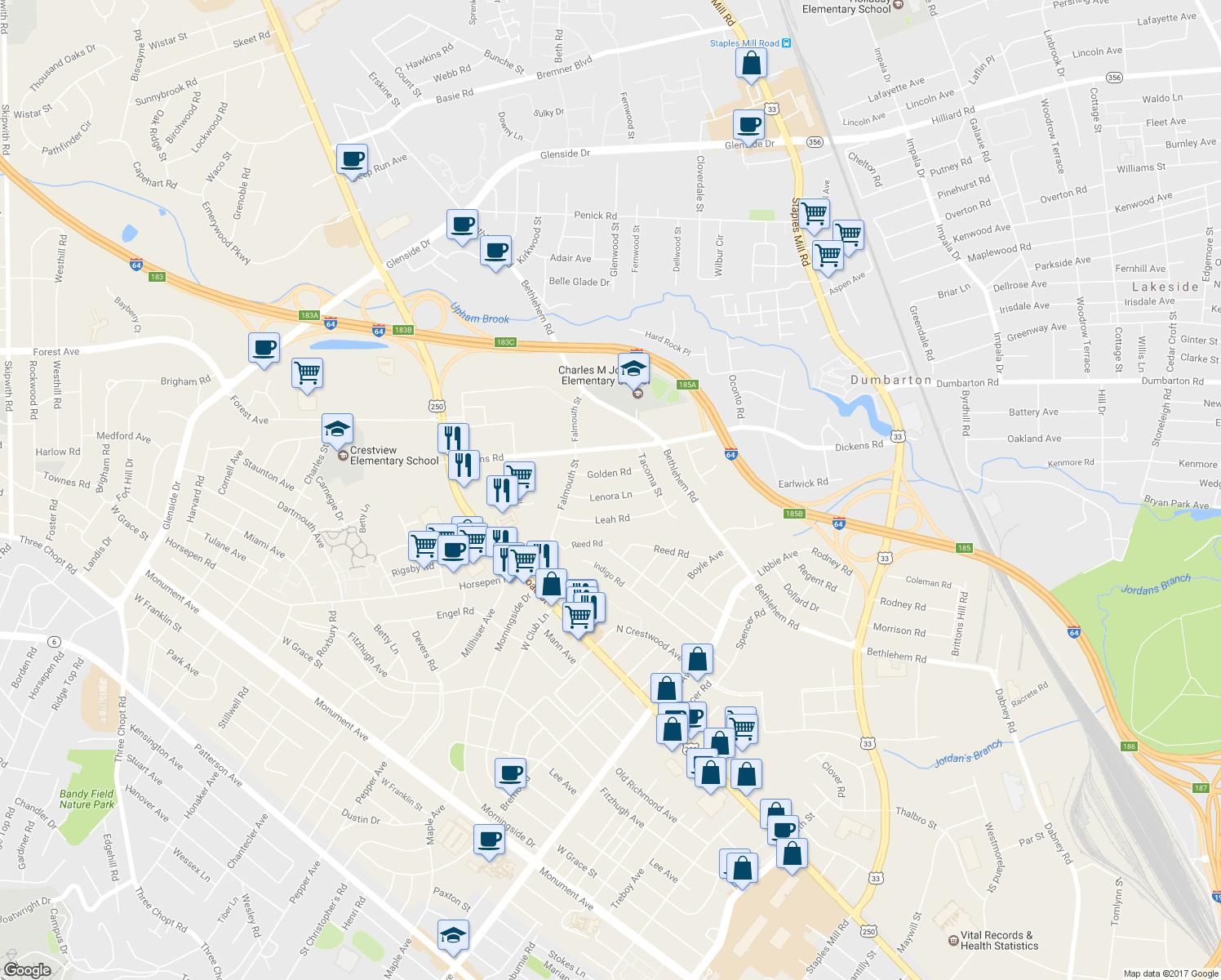 map of restaurants, bars, coffee shops, grocery stores, and more near 2318 Lenora Lane in Richmond