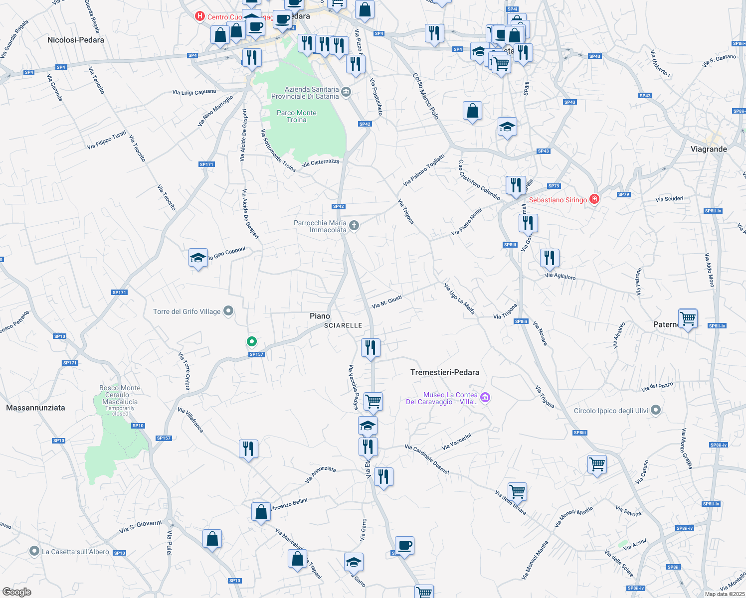 map of restaurants, bars, coffee shops, grocery stores, and more near 165 Via Etnea in Pedara