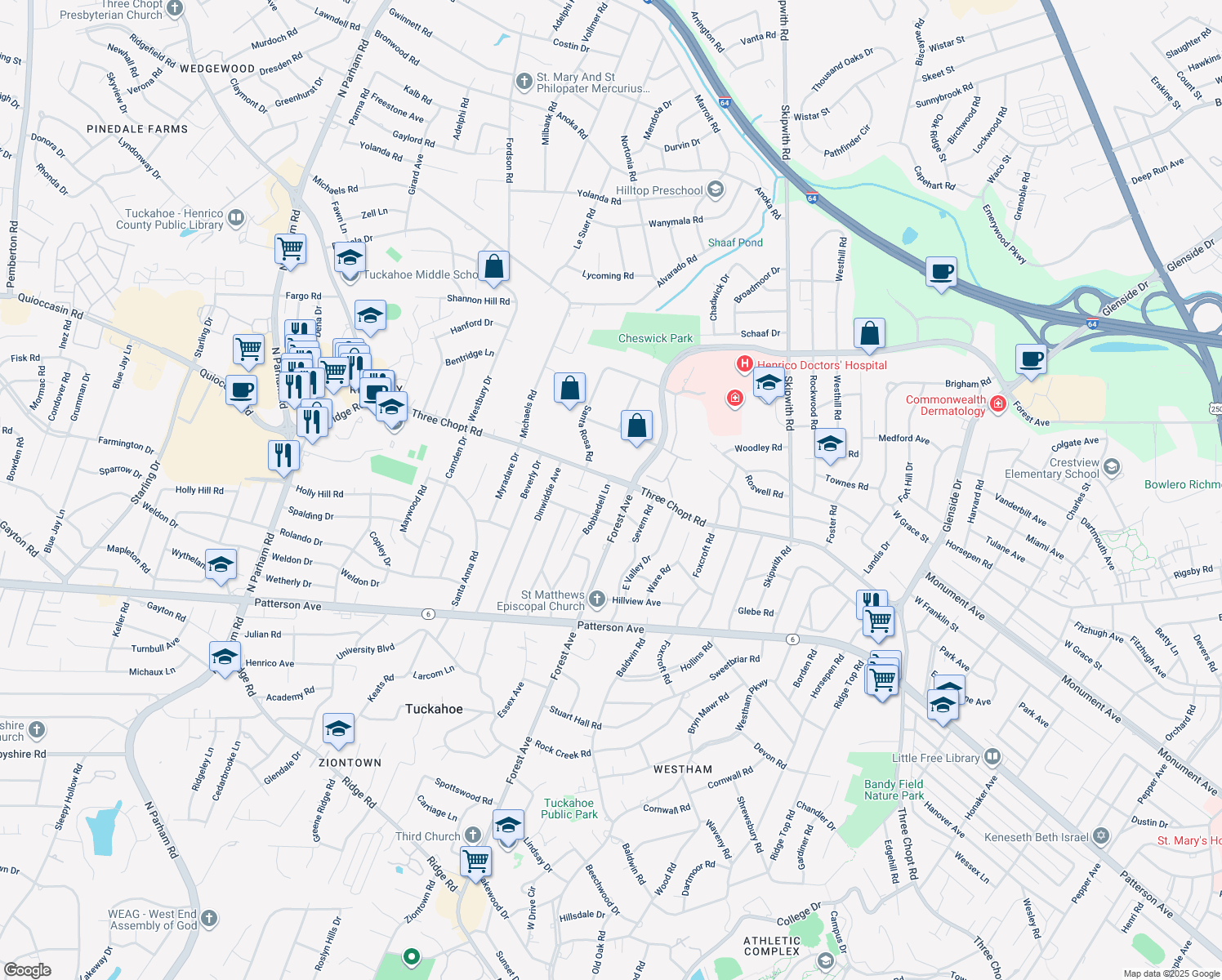 map of restaurants, bars, coffee shops, grocery stores, and more near 1413 Bobbiedell Lane in Richmond