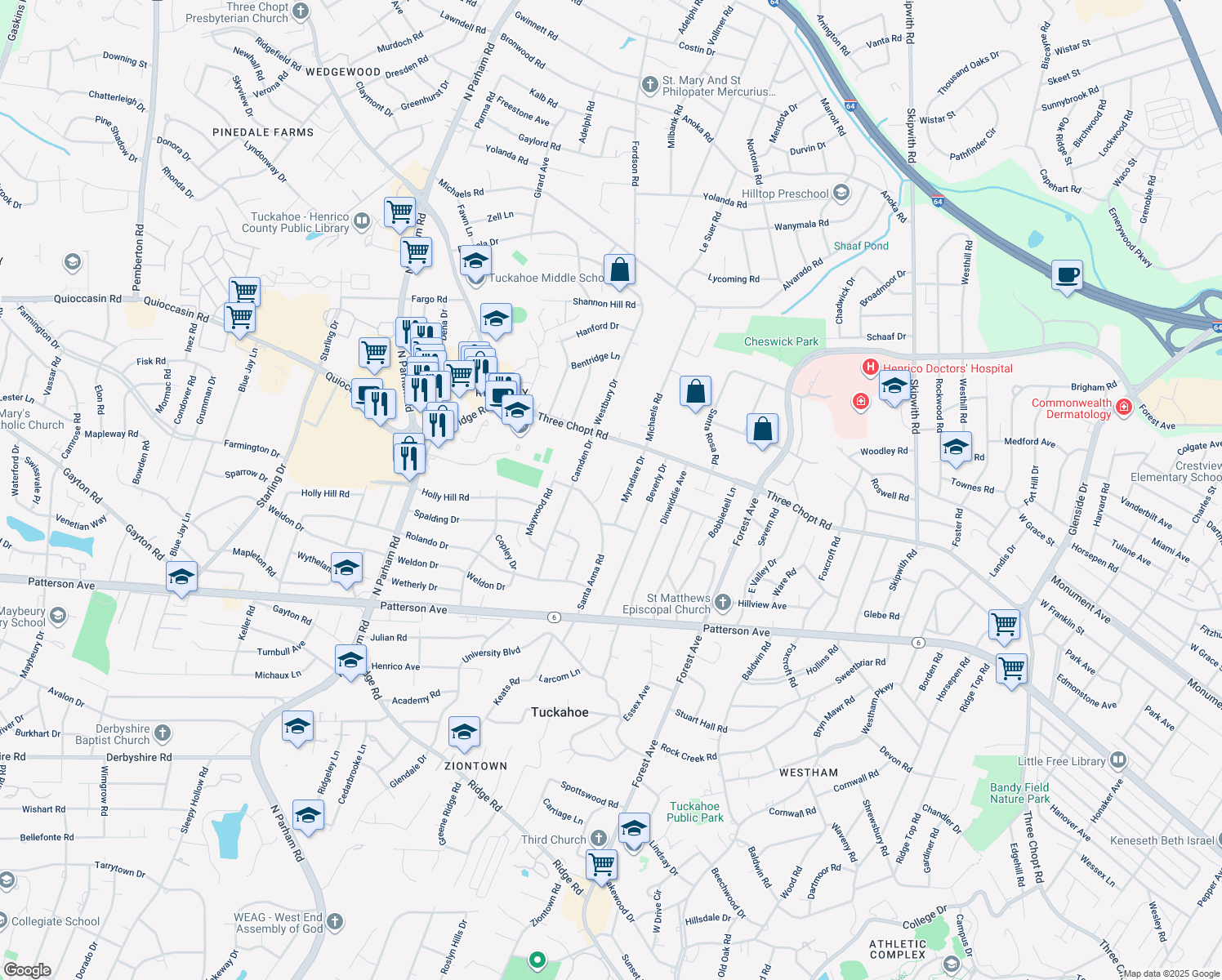 map of restaurants, bars, coffee shops, grocery stores, and more near 1409 Coronet Drive in Richmond