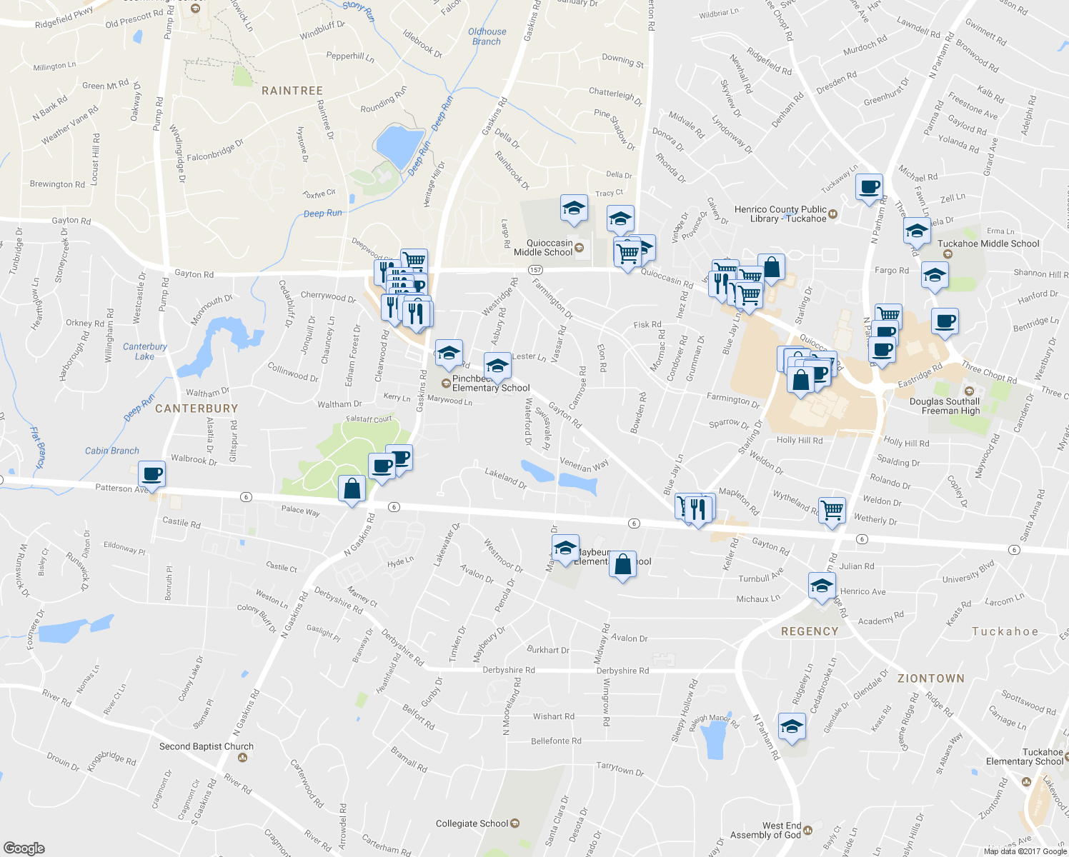 map of restaurants, bars, coffee shops, grocery stores, and more near 1107 Waterford Drive in Richmond