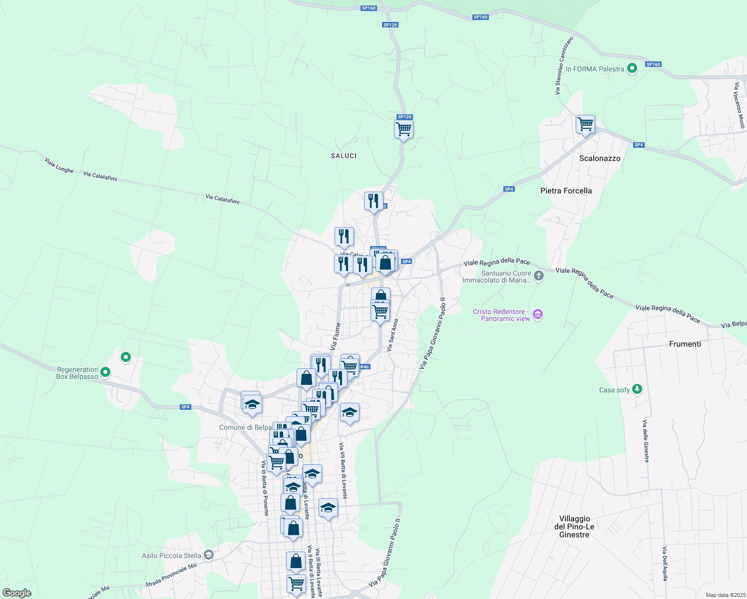 map of restaurants, bars, coffee shops, grocery stores, and more near 435 Via Vittorio Emanuele III in Belpasso