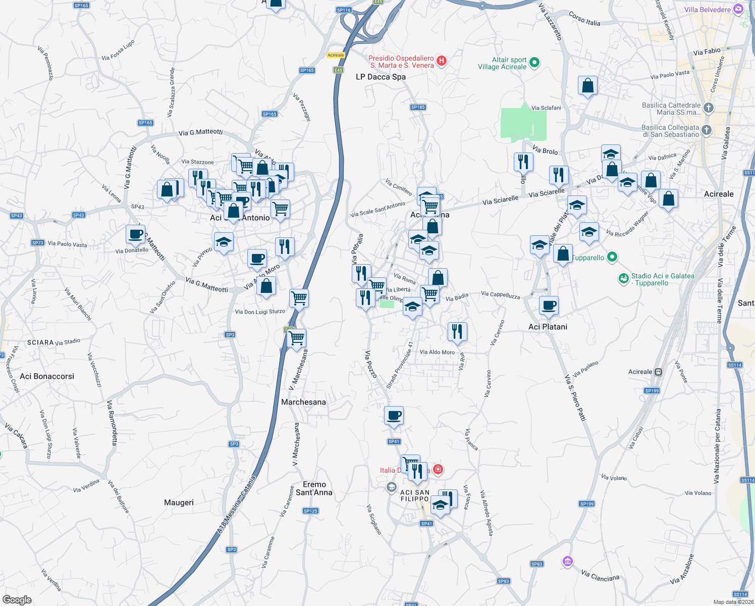 map of restaurants, bars, coffee shops, grocery stores, and more near 31 Via Indipendenza in Aci Catena