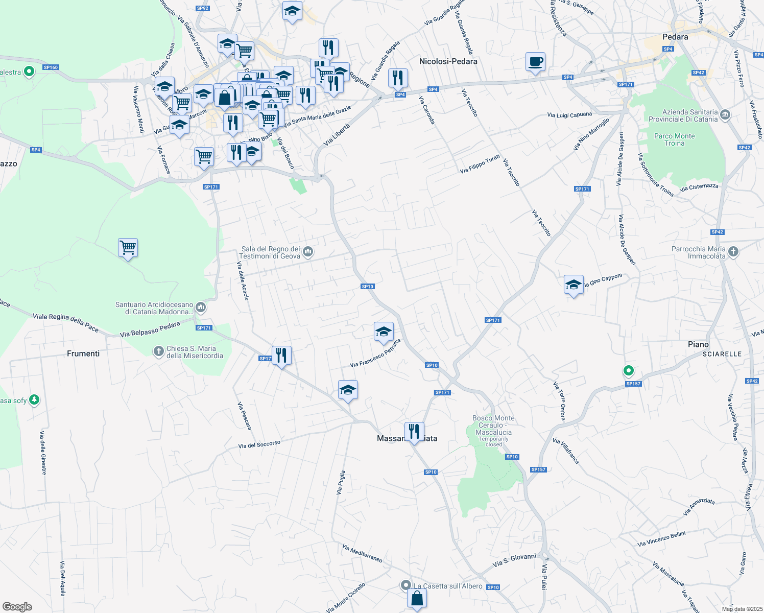 map of restaurants, bars, coffee shops, grocery stores, and more near 205 Via del Bosco in Mascalucia