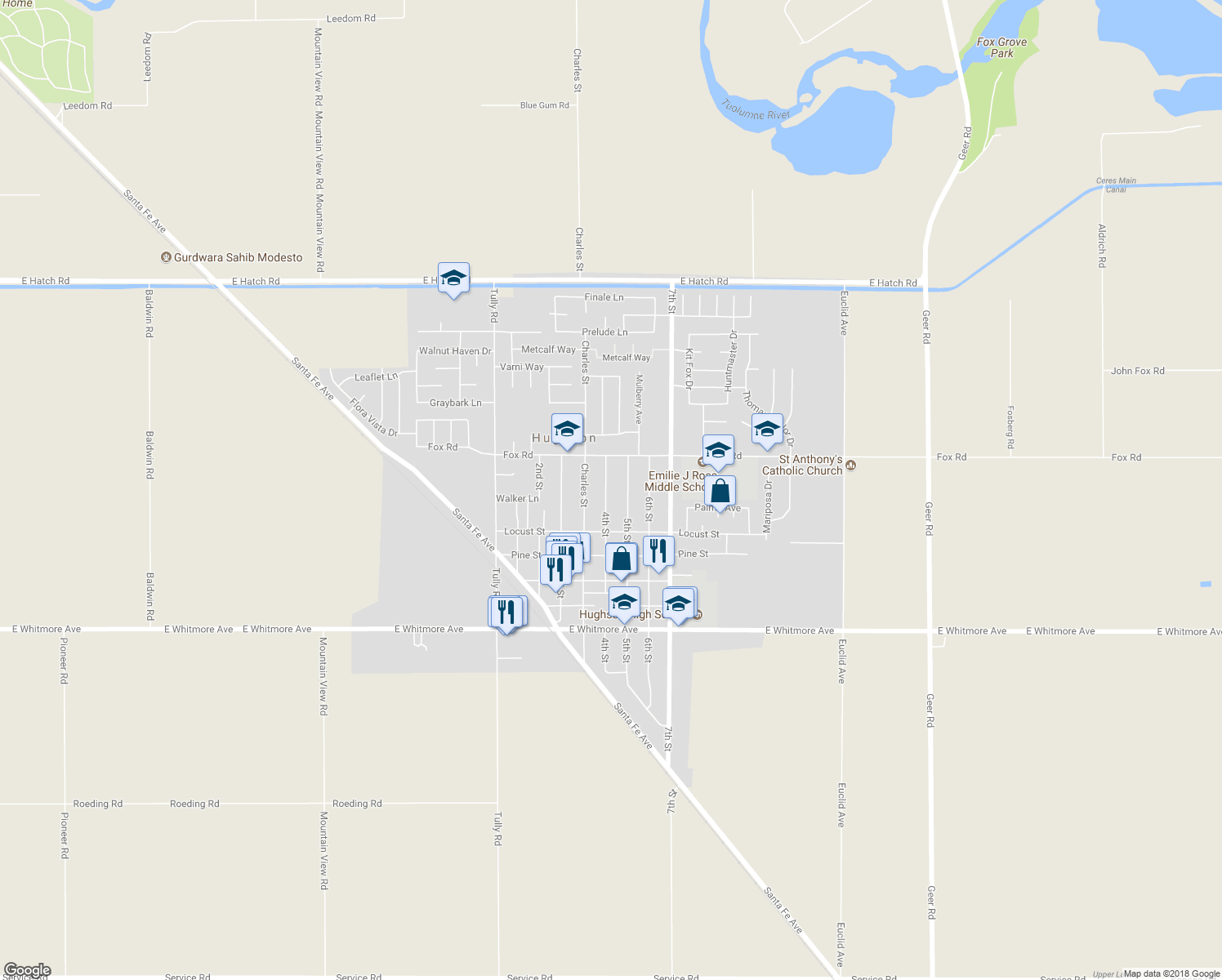 map of restaurants, bars, coffee shops, grocery stores, and more near 2054 4th Street in Hughson