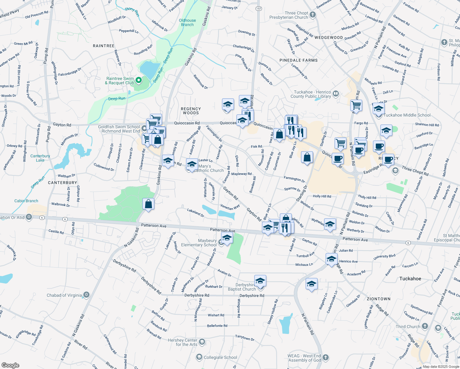 map of restaurants, bars, coffee shops, grocery stores, and more near 9306 Gayton Rd in Richmond