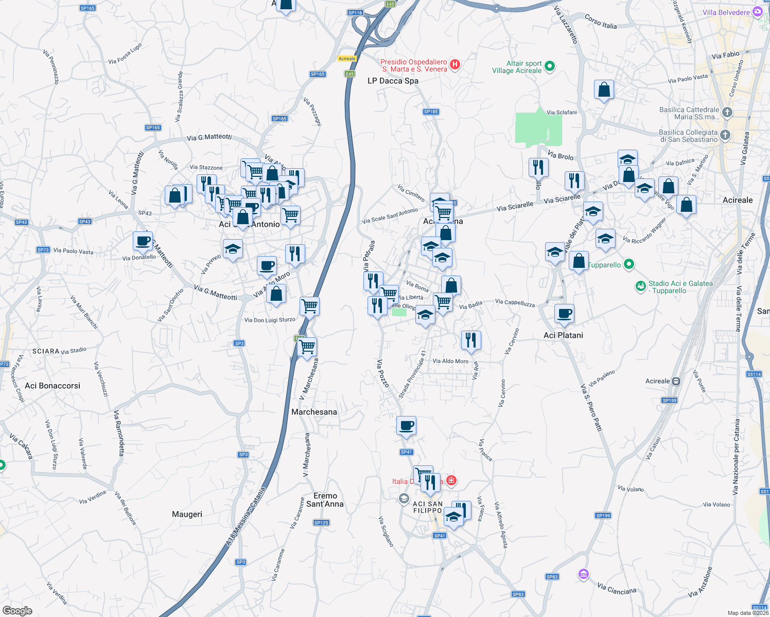 map of restaurants, bars, coffee shops, grocery stores, and more near 31 Via Indipendenza in Aci Catena