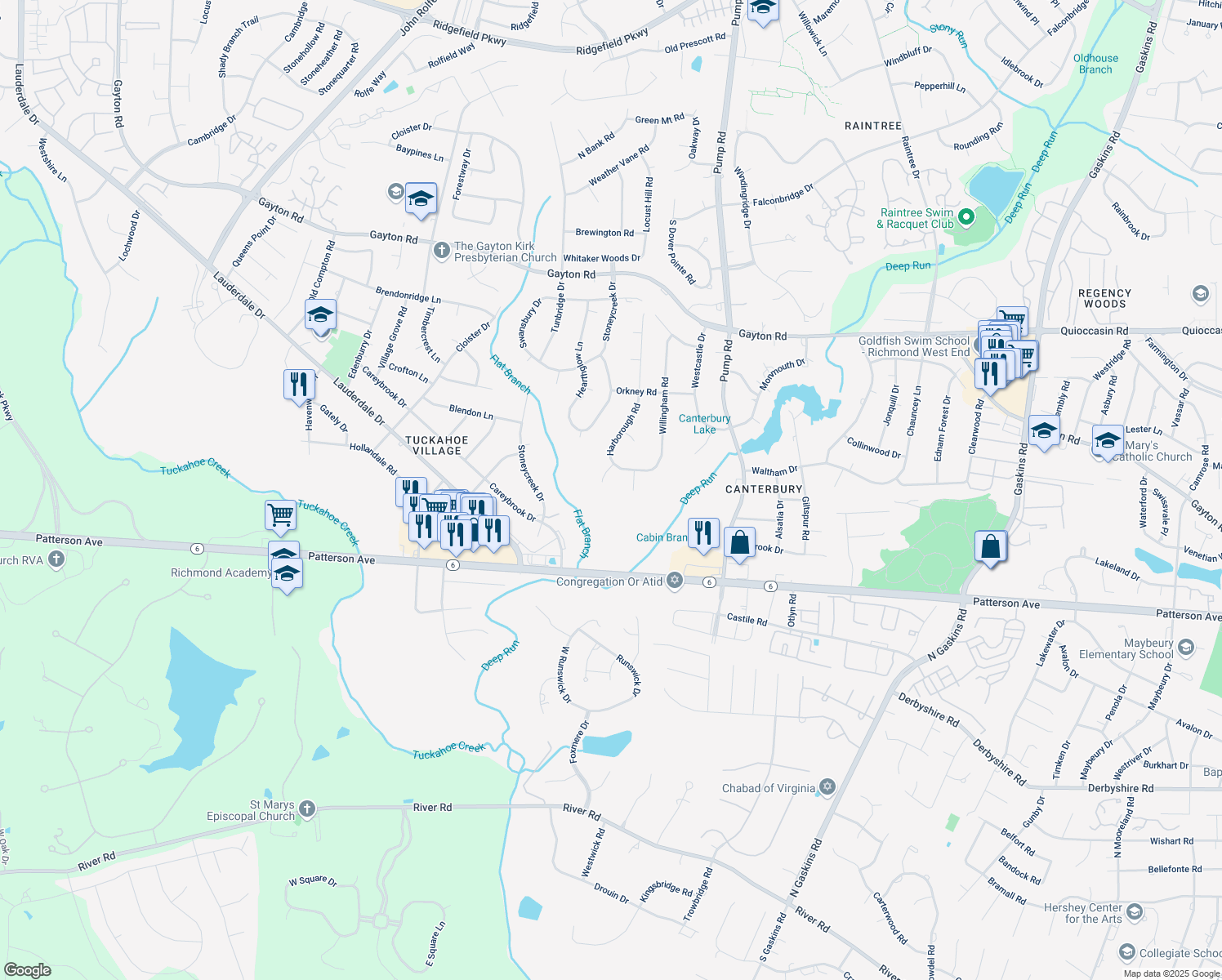 map of restaurants, bars, coffee shops, grocery stores, and more near 10627 Harborough Place in Richmond