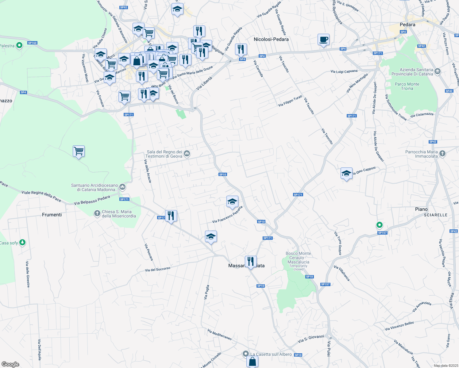 map of restaurants, bars, coffee shops, grocery stores, and more near 205 Via del Bosco in Mascalucia