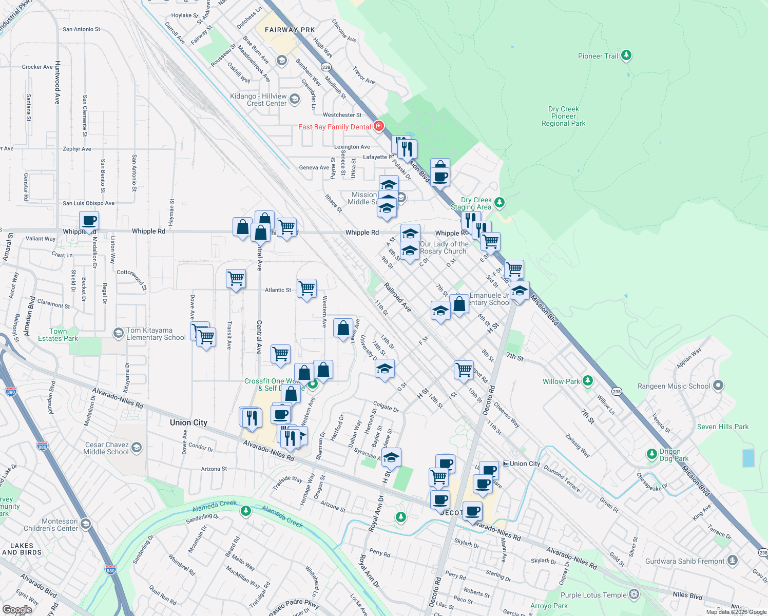 map of restaurants, bars, coffee shops, grocery stores, and more near 1097 Stone Street in Union City