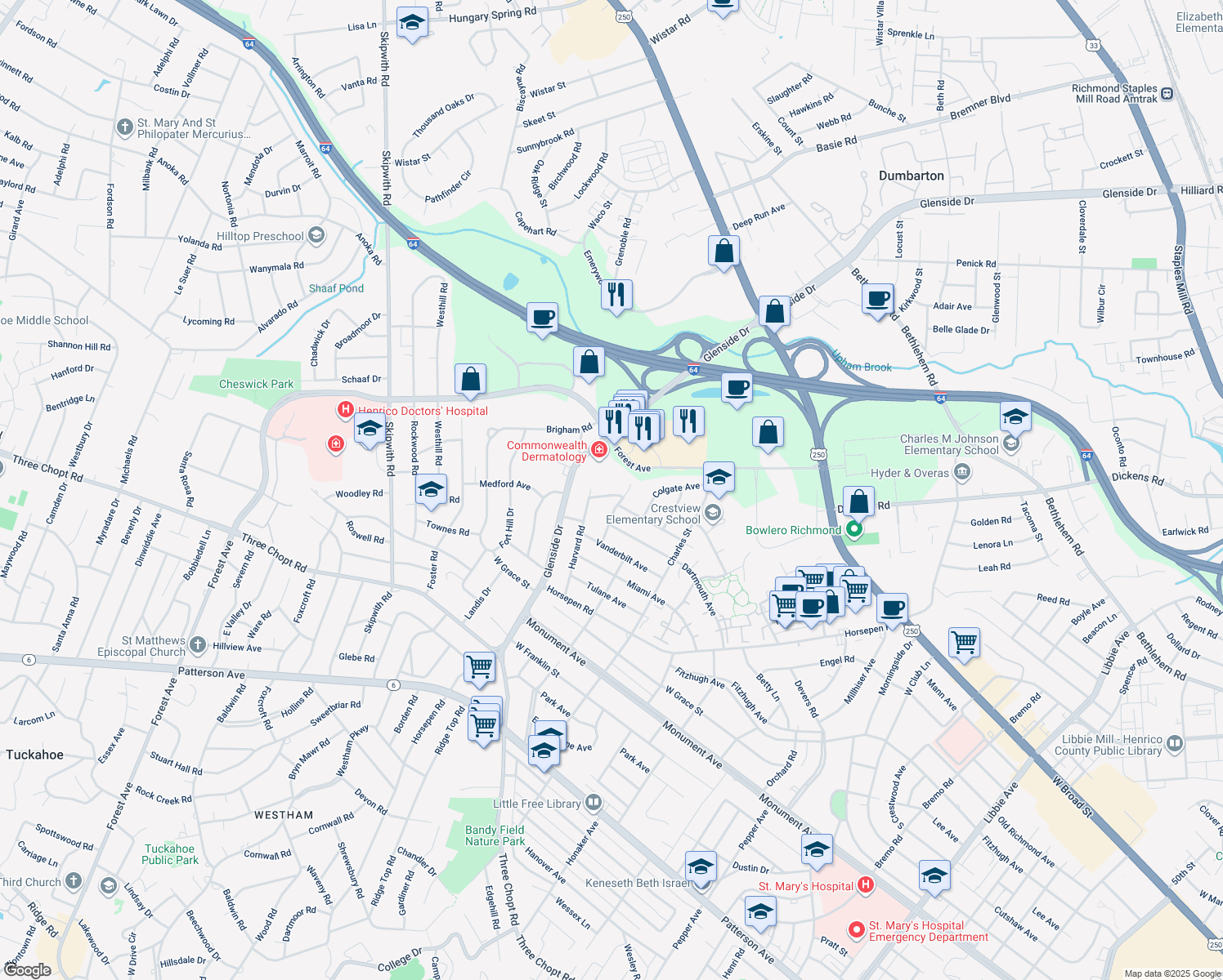 map of restaurants, bars, coffee shops, grocery stores, and more near 7005 Staunton Avenue in Richmond