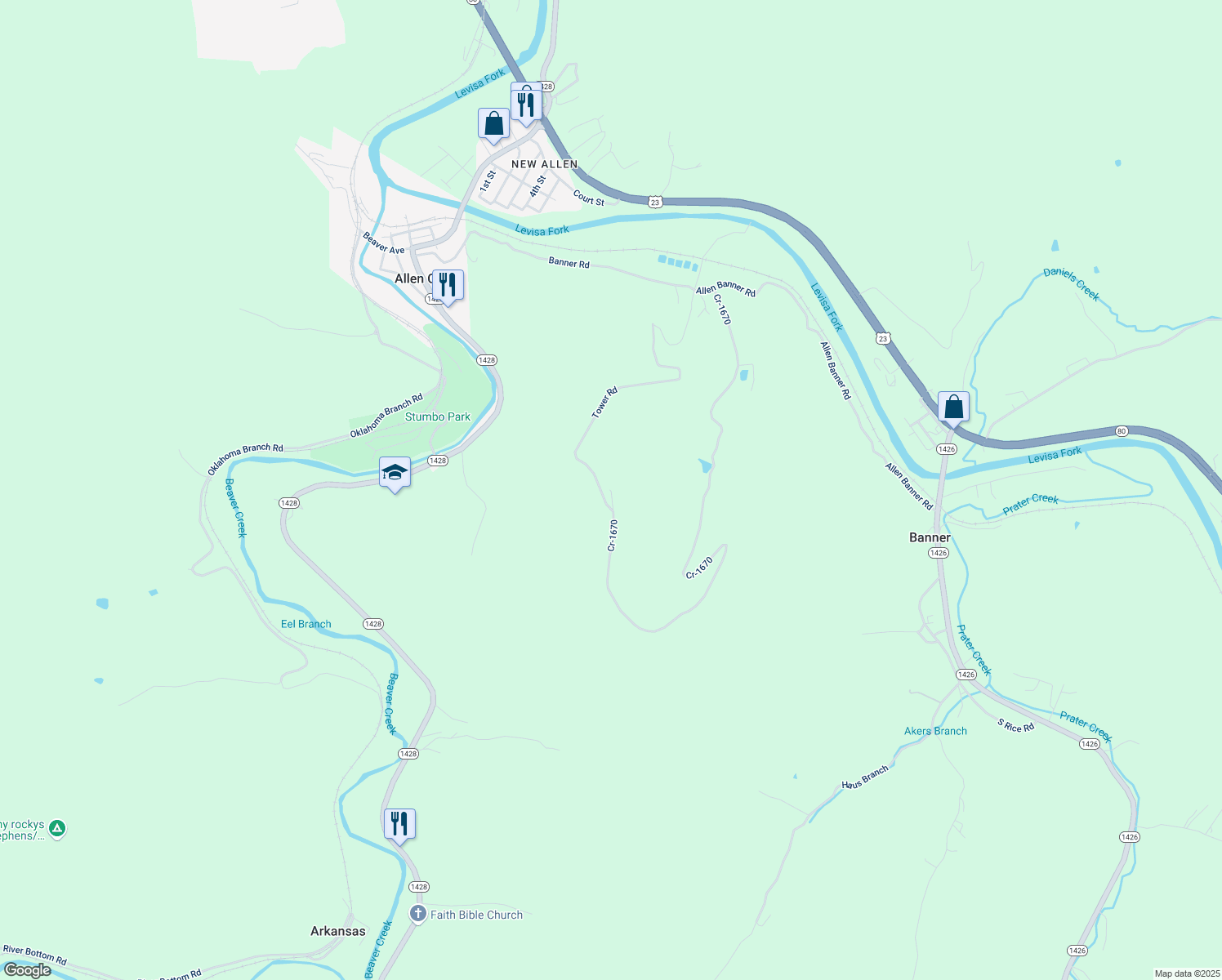 map of restaurants, bars, coffee shops, grocery stores, and more near Tower Road in Allen City