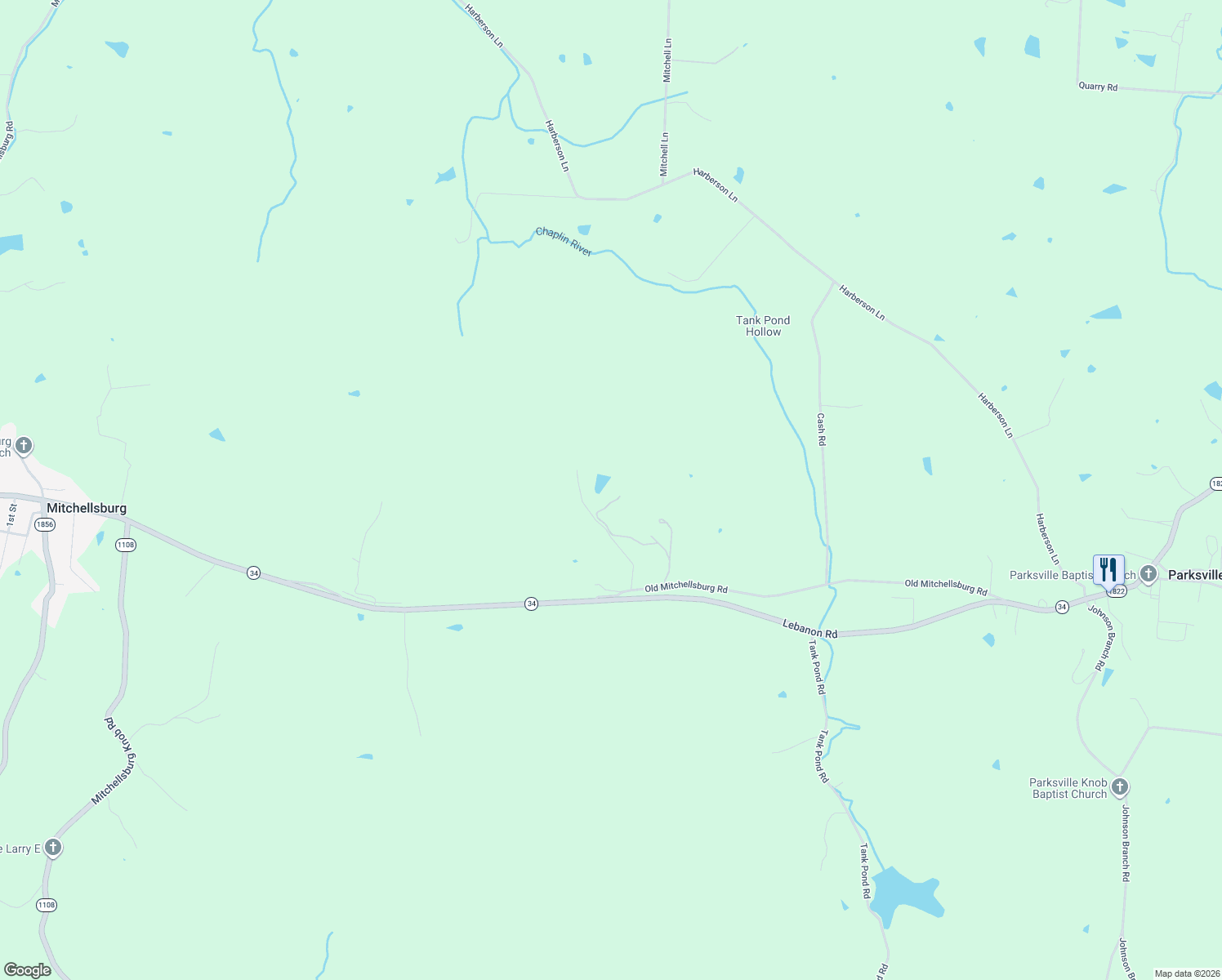 map of restaurants, bars, coffee shops, grocery stores, and more near 1019 Old Mitchellsburg Road in Parksville