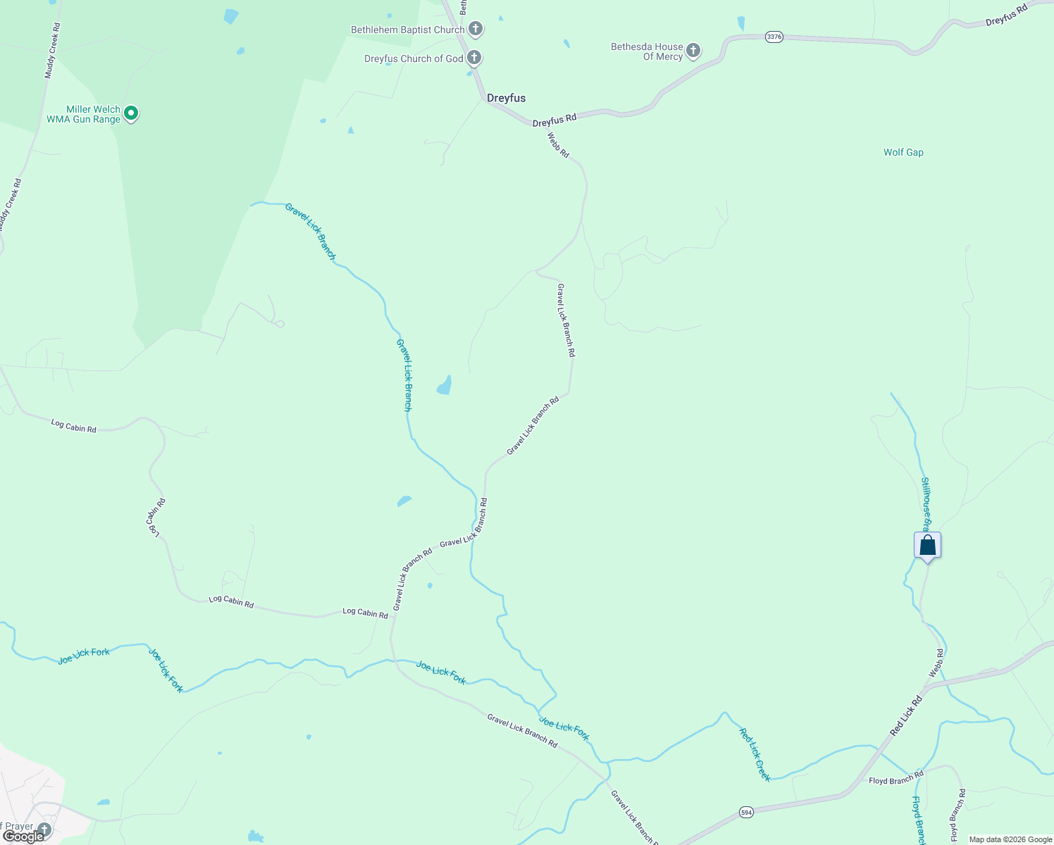 map of restaurants, bars, coffee shops, grocery stores, and more near 1266 Gravel Lick Branch Road in Dreyfus
