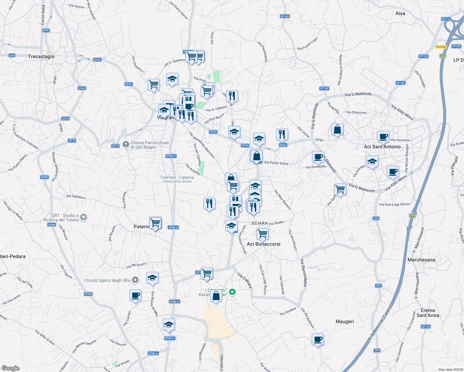 map of restaurants, bars, coffee shops, grocery stores, and more near 82 Via Vittorio Veneto in Aci Bonaccorsi