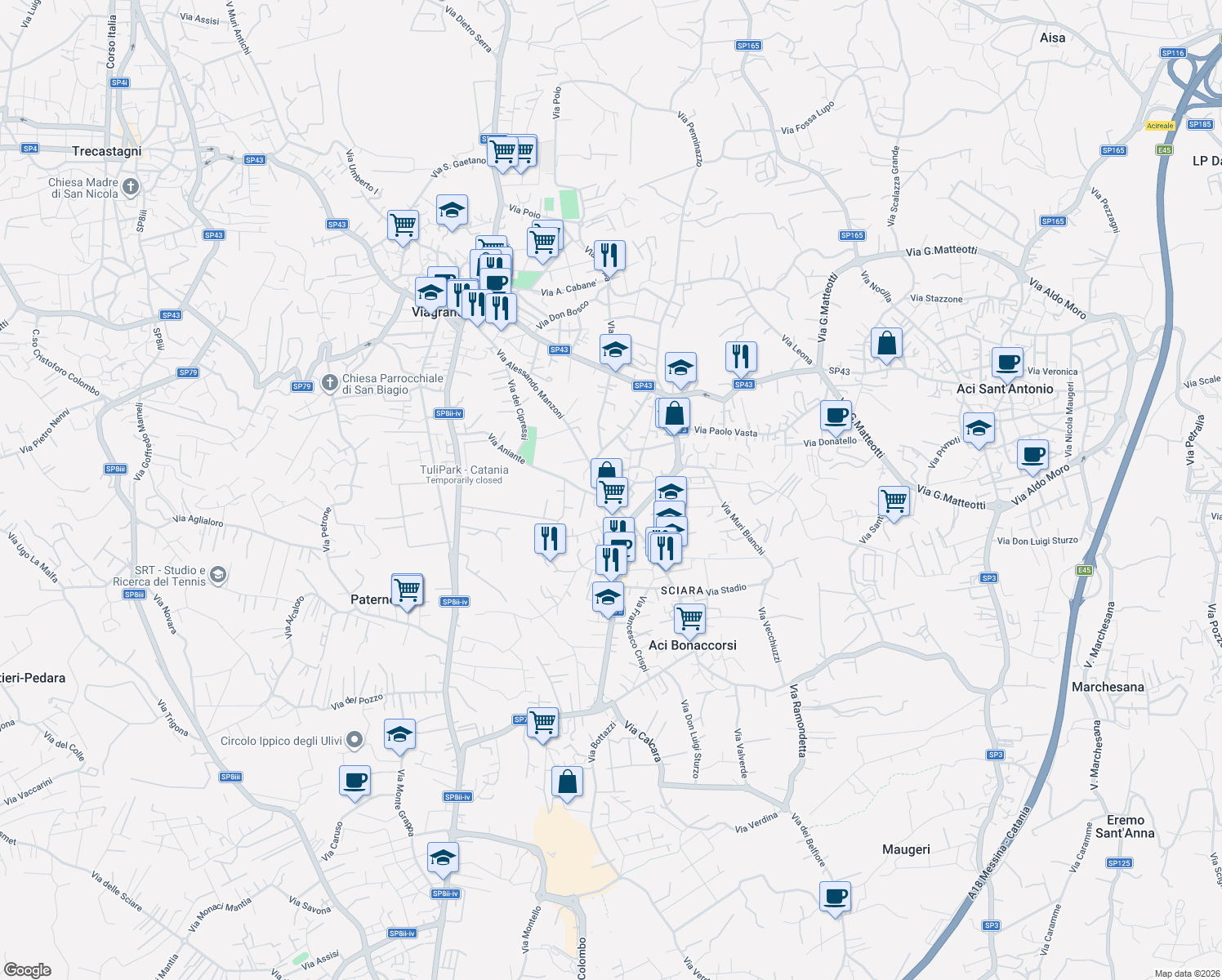 map of restaurants, bars, coffee shops, grocery stores, and more near 82 Via Vittorio Veneto in Aci Bonaccorsi