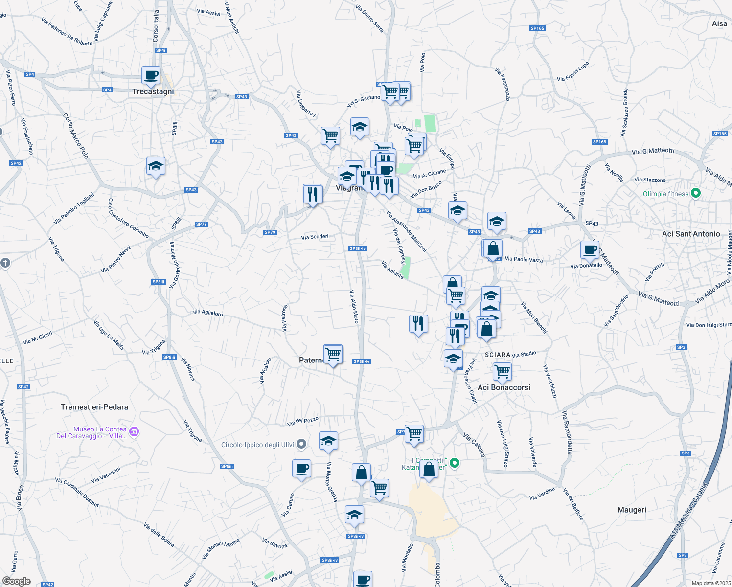 map of restaurants, bars, coffee shops, grocery stores, and more near 42 Via Giuseppe Garibaldi in Viagrande