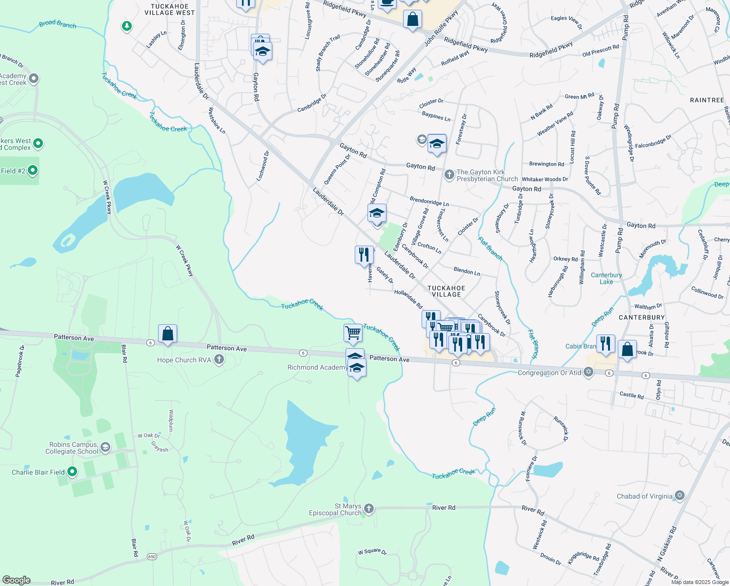 map of restaurants, bars, coffee shops, grocery stores, and more near 1618 Havenwood Dr in Richmond