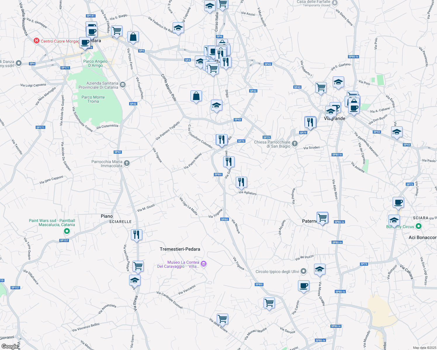 map of restaurants, bars, coffee shops, grocery stores, and more near 59 Via Catania in Trecastagni