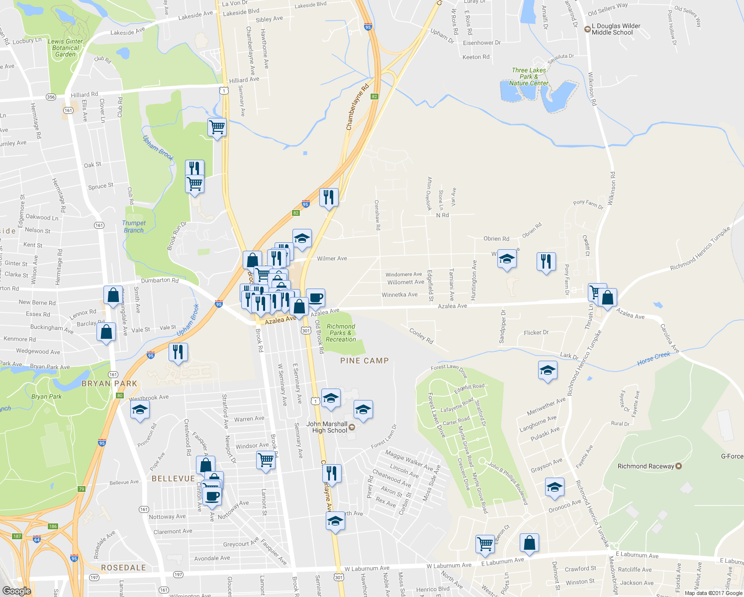 map of restaurants, bars, coffee shops, grocery stores, and more near 809 Winnetka Avenue in Richmond