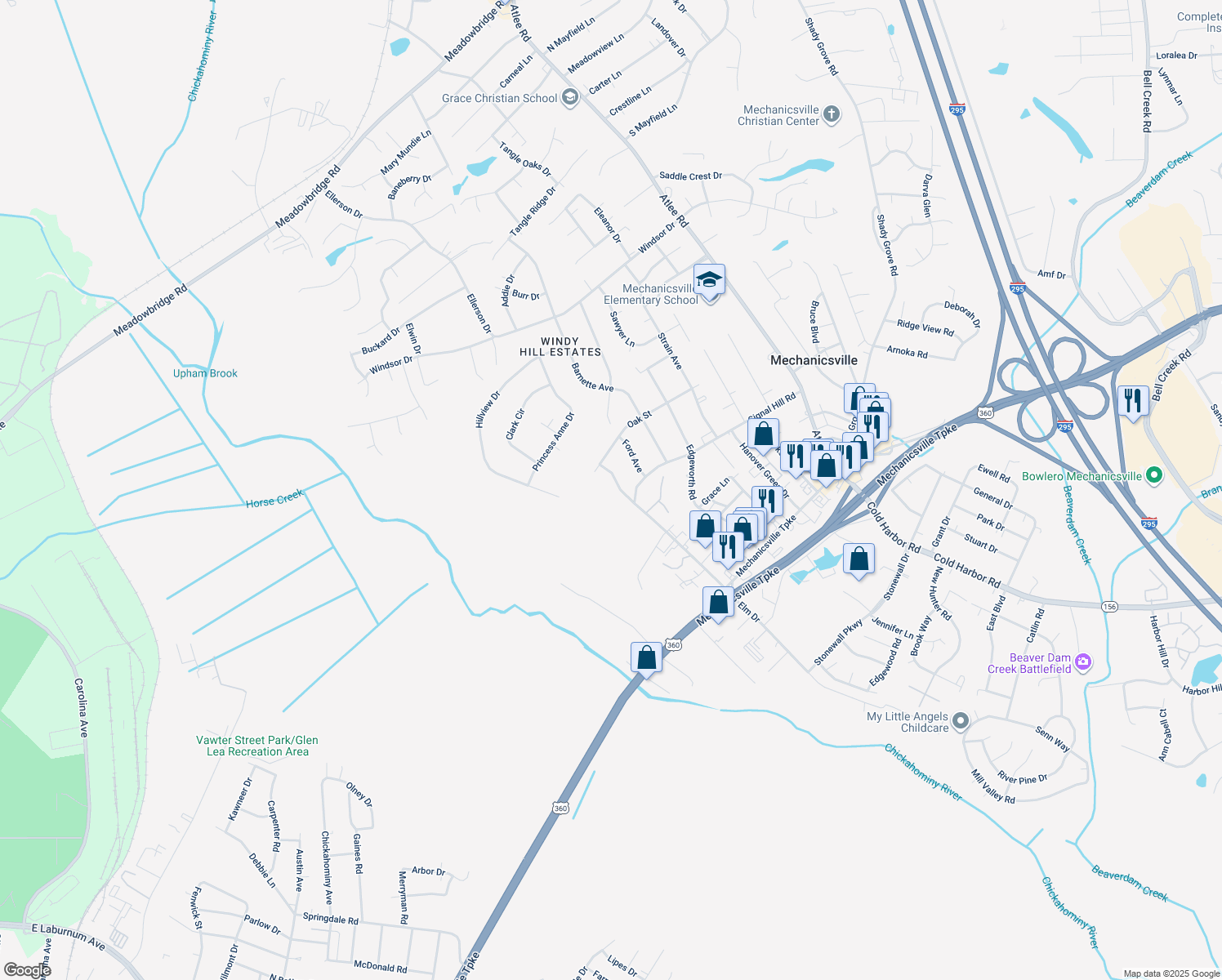 map of restaurants, bars, coffee shops, grocery stores, and more near 8215 Elm Drive in Mechanicsville