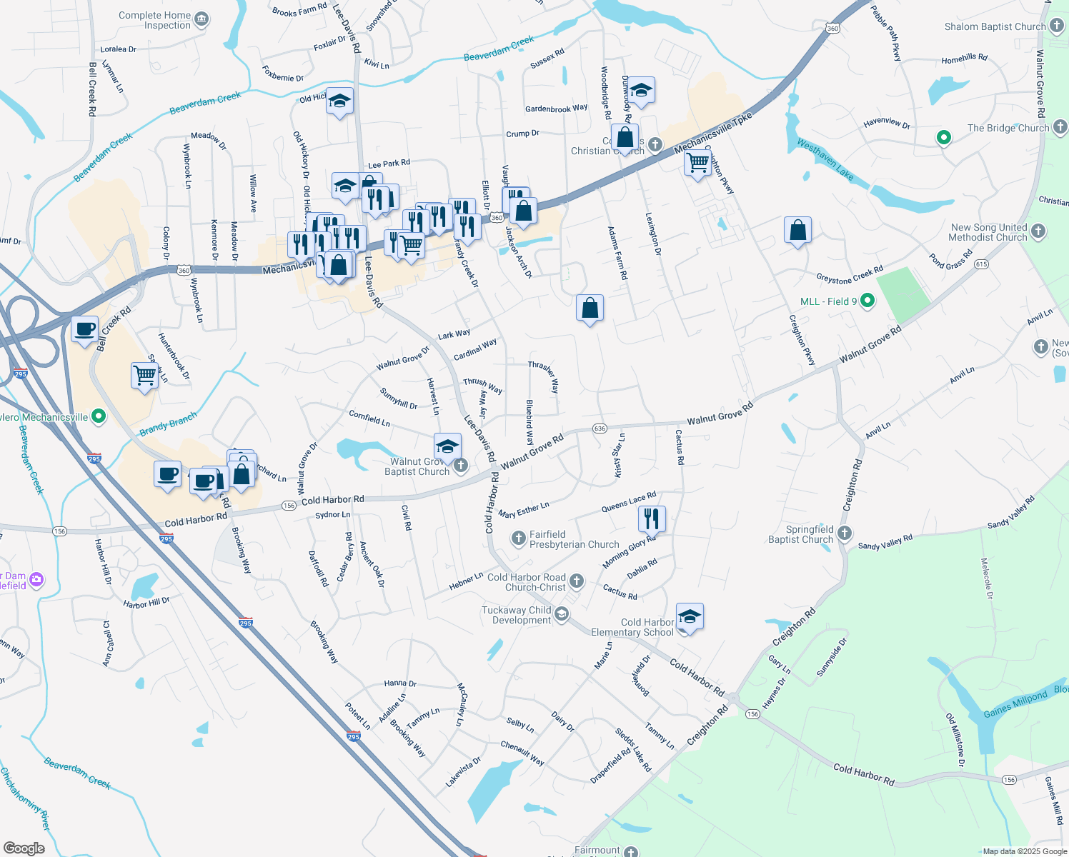 map of restaurants, bars, coffee shops, grocery stores, and more near 7268 Bluebird Way in Mechanicsville