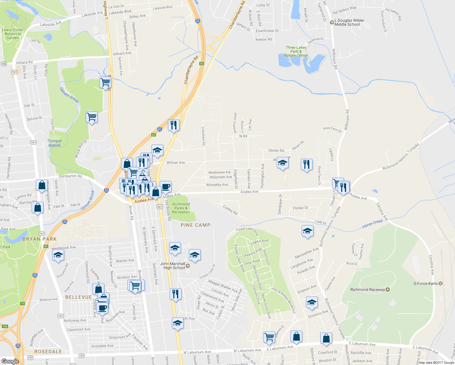 map of restaurants, bars, coffee shops, grocery stores, and more near 608 Winnetka Avenue in Richmond