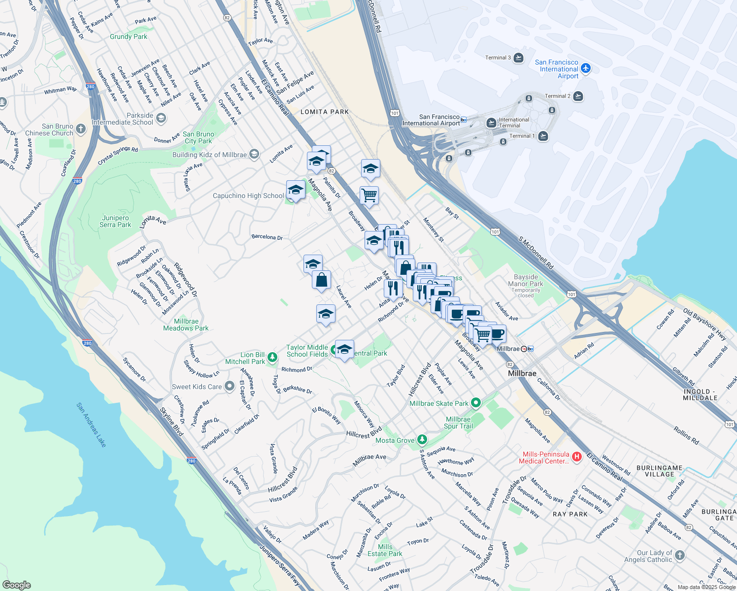 map of restaurants, bars, coffee shops, grocery stores, and more near 12 Dexter Place in Millbrae